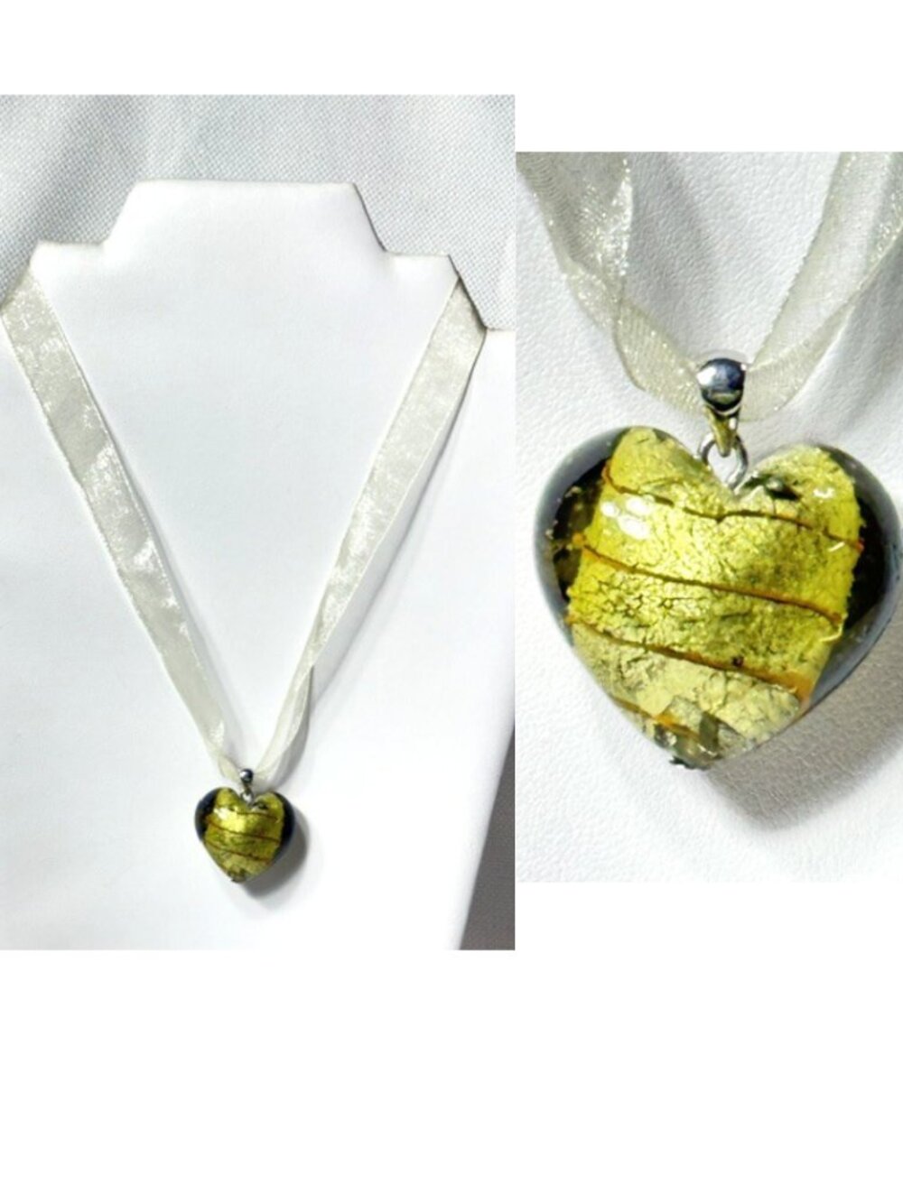Heart shaped chartreuse lampwork glass necklace.
